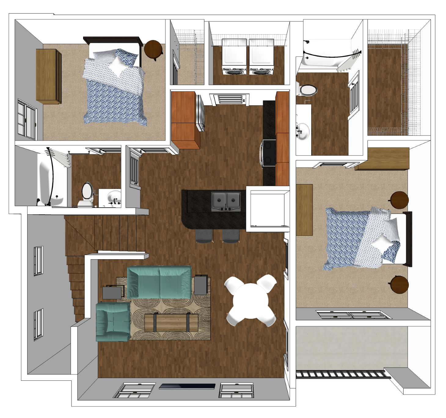 Floor plan for 2 beds, 2 baths, 1067 sqft